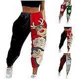 Yanp Jogginghose Damen Mode Spleißen Christmas Graphic Bedruckte Freizeithos Elastische Hohe Taille Slim Fit Angenehm Weiche Baumwolle Streetwear mit T