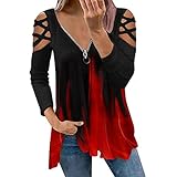 Briskorry Langarmshirt Damen Stilvoll Schulterfrei Longshirts Reißverschluss V-Ausschnitt Sweatshirt Basic Oversize Tops Frauen Casual Sexy Lockere Oberteile Tunika Top