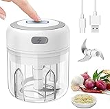 Zerkleinerer Küche Elektrisch 250ml Küchenmaschine Mixer Zwiebelschneider mit USB, Mini Multizerkleinerer Gemüsezerkleinerer Knoblauchzerkleinerer mit 3 Scharfen Klingen für Knoblauch Gemüse Ob