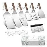 Soulhand 7-Stück Pfannenwender-Set aus Edelstahl, Gearbeitete Grillheber Grillwender verschiedenen Anwendungsmöglichkeiten mit Grillplatte Schaber Holzgriffen, Grillutensilien zum Pfannen und G