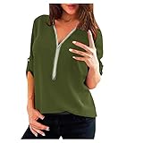 Damen Chiffon Bluse Elegant Plus Size Solide Casual V-Ausschnitt Langarm Reißverschluss Vorne Loose Dressy Shirt Pendeln Täglich Büro Top Klassische Bluse, armee-grün, Larg