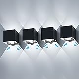 4 Stück LED Wandleuchten Außen mit Bewegungsmelder 12W Wandlampen Innen Auf und ab Einstellbarer Lichtstrahl 6000K Warmweiß IP65 Wasserdichte Schwarz Außenw