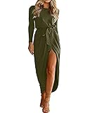 YOINS Sommerkleid Damen Lang Maxikleider für Damen Strandkleid Sexy Kleid Kurzarm Jerseykleider Strickkleider Rundhals mit Gürtel Langarm,EU44/L,Langarm-grü