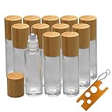 12 Roll On Glasflaschen für ätherisches Öl, Creatiees 10ml Glasroller Nachfüllbarer Behälter mit Bambusdeckel, Glas Roller Flaschen Metall Roller Ball Flasche Container für Aromatherapie, D