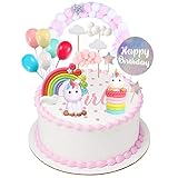 Einhorn Tortendeko Geburtstag Kuchen kinder Einhorn Kuchen Topper 9er Set einschließlich Regenbogen, Ballon, Einhorn, Happy Birthday, Wolke, Sterne, Stern Hairball Bogen für Kinder Mädchen Jung