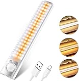 LED Bewegungsmelder Schrankbeleuchtung, 80 LED Unterbauleuchte mit 3 Modi, Küchenleuchte mit 3 Helligkeitsstufen, Wiederaufladbar Dimmbare Sensor Licht mit Mag
