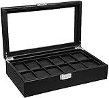 Serrale Uhrenboxen 12 Fächer Große Uhrenbox mit Glasdeckel PU-beschichtetes Samtfutter Metallverschluss Tolles Geschenk für Ihre Lieb