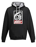 Baddery Petrolhead: Boost - Geschenk für Autoliebhaber - Hoodie für alle Tuning, Drift, und Motorsport Fan - Kapuzen-Pullover Herren Sweatshirt, Schwarz / Grau, 4XL