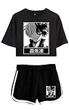 Qian Qian Damen My Hero Academia Crop Top T-Shirt Shorts Anzug Cheerleading Sport Sets Anime Halloween Kostüm (L, Schwarz 3)