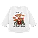 Weihnachten Baby Outfit Christmas - 2021 Mein erstes Weihnachten mit süßen Tieren - schwarz - 3/6 Monate - Weiß - 1. Weihnachten - BZ11 - Baby T-Shirt Lang