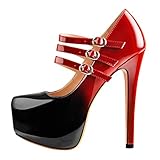 Only maker Damen Plateau Mary Jane mit Stiletto Absatz Klassische Pumps High Heel Zweifarbig Lackleder Schwarz Rot 41 EU