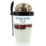 TOK® Müslibecher to go Joghurtbecher Togo mit Löffel komplett dicht, BPA frei, Wieder verwendbar 450ml Becher & 150ml Deckel Reise-Müsli-Becher für den gesunden Snack unterwegs (Schwarz)