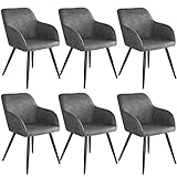 tectake 800871 6er Set Esszimmerstuhl mit Armlehnen, gepolsterte Stoff Sitzfläche, Schwarze Metallbeine, für Wohnzimmer, Esszimmer, Küche und Büro (Grau)