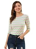 Allegra K Damen-T-Shirt/Top mit halblangen Ärmeln und U-Bootausschnitt, schmale Passform, legeres T-Shirt, regenbogenfarben, 38