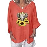 Shirt Damen Langarmshirt mit ElefantenmusterV-Ausschnitt Casual Tshirt Oversize Hemd Jumper Bluse Tops (Orange,L)