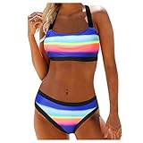 GaTIK Damen Tankini gepolsterter Push Up Bandeau Stripe Badeanzug Beachwear Swimwear Bikini Set mit niedriger T