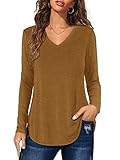 Florboom Longshirt Damen Langarmshirt V Ausschnitt Oberteil Lose Shirts Casual Tshirt Braun S