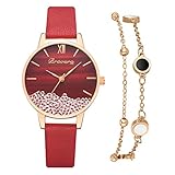 Damen Armbanduhr mit Armreif Armbänder Zweiteiliger Anzug Quartz Uhr Mode Damen Uhren Geschäftsquarzuhr Business Quarzuhr Armband Damenaccessoires Geschenk für Frauen (E-rot)