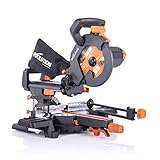 Evolution Power Tools 048-0002A Mitre Saw Gehrungssäge mit Multaterial-Schneiden, 45° Abschrägung, 50° Gehrung, 230mm Gleiter, 1500W, 210mm, 110V, 110 V-Site U