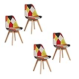 Esszimmerstühle 2er Set,2X Esszimmerstühle Design Patchwork Wohnzimmer Eckstühle,Stoff Leinen Empfangsstühle mit Rückenlehne Weiches Kissen,Patchwork BLAU/Patchwork Rot/Patchwork Gelb (RedX4)