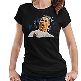 VINTRO Cristiano Ronaldo Cheering Damen T-Shirt Original Portrait von Sidney Maurer professionell bedruckt, Schwarz , XXL