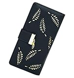 Molylove Damen Geldbeutel Geldbörse Brieftasche aus PU Leder mit Blatt Anhänger 12 Kartensteckplätze Münzen Geldscheine Organizer Clutch Bag für Frauen Mädchen (Schwarz)