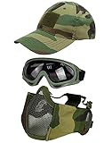 Hodeacc Taktische Airsoft-Maskenbrille, Baseballkappen-Set, verstellbare Halbgesichtsmaske mit Ohrenschutz, Anti-UV, Airsoft-Gläser, Augenschutz, Outdoor-Hut für Airsoft/BB/CS-Spiele, 3-teiliges S