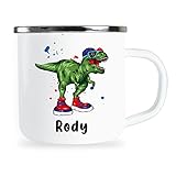 Rody Personalisierte Kindertasse mit Name und lustigem Dinosaurier Motiv Emaille Tasse individuelle Geschenke Kind Geburtstag Junge Mädchen Metallbecher Emailletasse Geschenk