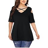 Bluse Damen Casual Schulterfreies Oberteil mit V-Ausschnitt Einfarbig Bluseshirt Kurzarm T-Shirt Damen Plus Size Top Loose Fit Shirt Jumper Sommer Top