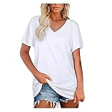 Damen Tshirt Lang V Ausschnitt Damen Sexy Top Scharzes Top Langes Shirt Damen Jeansbluse Damen Kurzarm Print Bench Tshirt Damen Oversize Tshirt t Shirt Frauen (White, XXL)