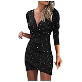 Sexy Kleid für Damen, leger, sexy, bedruckt, eng, langärmlig, figurbetont, Midi-Bleistiftkleid, gerüscht, kurzes Kleid, Schwarz , M