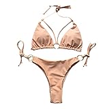 Damen Bikini-Badeanzug-Set zum Schnüren Strappy 2-teilige Neckholder-String-Bademode Badeanzug mit Seitlichem Gepolstertem Dreieck und Hohem Bein zum Binden (L,Rosa)