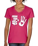 Comedy Shirts - Dream Team Pfote Hand - Damen V-Neck T-Shirt - Pink/Weiss Gr. L