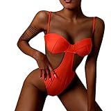 ZIXIA Badeanzug Damen Damen Badeanzug 2 Teilig Bikini Damen Push Up Weig Frauen Print Gürtelschnalle Einteiliger Badeanzug Hohl Sexy Bikini Badeanzug Beachwear Bademode Orange M