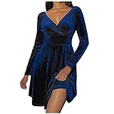 Womens Kleid leicht schlank Solid Color Deep V Neck Langen Ärmel Knee-Länge geröstet Midi Swing Women 's Kleid (Blue, L)