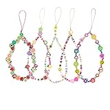 Yagerod 5Pcs Beaded Phone Lanyard Wrist Strap, Smiley Face Beaded Phone Charm, Fruit Star Pearl Rainbow Color Beaded Phone Chain Strap for Women G