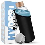 HYDROP® - Glasflasche 750ml & 1 Liter mit 2 Farben PRO SCHUTZHÜLLE [Innen & Außen] - Trinkflasche Glas 750ml spülmaschinenfest - Glass Bottle - Water Bottle - Sporttrinkflasche Glas extra rob