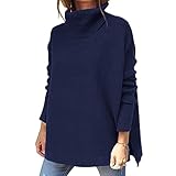 WHZXYDN Herbst Damen High-Neck Oversized Pullover Mittellang FledermausäRmel Saum Tunika Pullover Stricktop