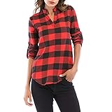 BAOBU Damen Langer/Verstellbarer Ärmel Oberteil Karohemd Bluse Baumwolle Gingham Shirt mit Knopleiste Damen Langarmshirt Baumwolle Kariet Hemd Frauen Sexy Tops V-Ausschnitt Elegant Casual F