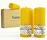 Xanty Bienenwachskerzen, 4 Große goldene Kerzen aus 100% Bienenwachs, Wabenkerzen, Stumpenkerzen, 10 Stunden/Kerze Brenndauer, Gold-Gelb Adventsk
