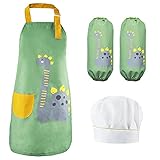 Kinder Schürzen mit Tasche, Wasserdicht Kinderschürzen Kochmütze Ärmel für Jungen Mädchen, Verstellbare Kochschürze Bastelschürze Küchenschürze Arbeitsschürze für Backen Kochen Basteln Bemalen (Grün)