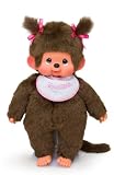 Sekiguchi 255530 - Original Monchhichi Mädchen, Plüsch-Figur mit weiß-pinkem Latz und Zöpfen mit Schleifen, ca. 45 cm großes Kuscheltier aus braunem Plü