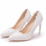Brautschuhe Damen,Damen Tanzschuhe,Hochzeitsschuhe,9,5 Cm Stiletto Spitze High Heels,Flache Spitzensandalen,Bankett Abschlussball Kleid Plus Size Schuhe,Weiß,39 EU