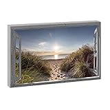 Leinwandbild Fensterblick Dunkelgrau | Dünenweg im Querformat 60/40 cm | Keilrahmenbild Fotografie Fensterrahmen Wandbild XXL Format Foto Kunstdruck auf Leinwand Fensterbild 60 x 40