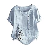 YBWZH Leinen Bluse Damen Sommer Herbst Übergröße Print Tshirts Kurzarm Loose Rundhals Oberteile Übergröße O-Ausschnitt Druckknöpfe Baumwolle Leinen Vintage Top