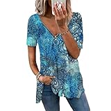 wsxcfyjh T-Shirt Kurzarmhemden Damen-Reißverschluss Bedrucktes Kurzarm-T-Shirt Mit V-Ausschnitt Langer Pullover Lockerer Sommer Lässig Leopard Blumen Damenoberteile Hellblau 5XL