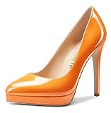 CASTAMERE Damen High Heels Plateau Pumps Schlupfschuhe Stilettos 12 cm Absatz Büro Kleid Schuhe, Orange (Orange mit Perlglanz), 42 EU