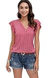 DOTIN Damen T-Shirt Kurzarm Sommer Shirt mit Allover Mininal Druck V-Ausschnitt Rüsche Ruffle Casual Oberteile Bluse Tops, Rot, M