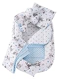 5 teilig Babynestchen Set Babynest 90x50 herausnehmbarer Einsatz Bett Kuschelnest Krabbeldecke Medi Partners für Babys Neugeborene 100% Baumwolle (Teddybär mit Hellblauen Minky)