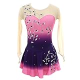 Damen Eiskunstlauf Kleid, Wettkampfbekleidung Mit Fingerpoint-Ärmeln Ballett-Tanz-Gymnastik-Trikot Rollschuh-Tanz-Outfit Maßgeschneiderte Skating-Röcke Lyrisches Performance-Kostüm,Rosa,3XS